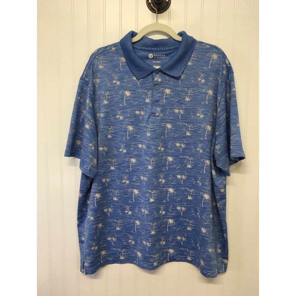 Haggar Mens XXL Blue Beige Pattern Polo Shirt Short Sleeve Casual